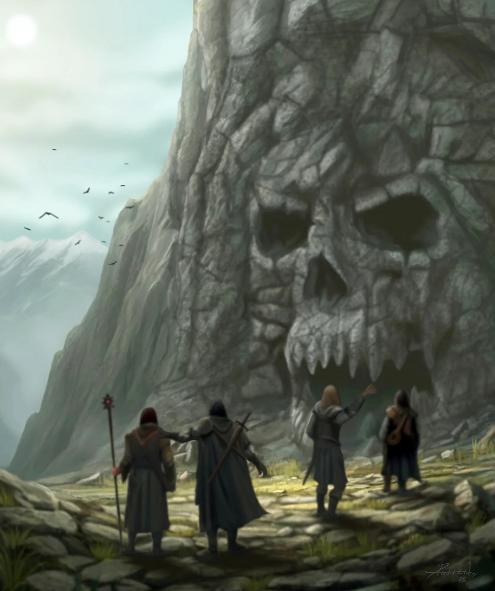 Do Not Enter: four adventurers approach a cave carved like a giant stone skull