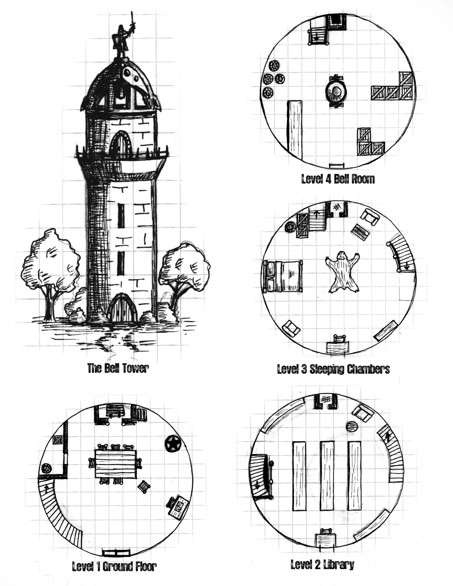The Bell Tower, ink elevation and four floor plans