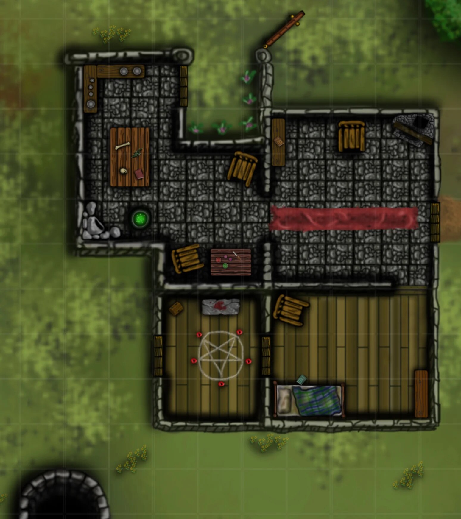 Battle map of a stone cottage with a ritual circle