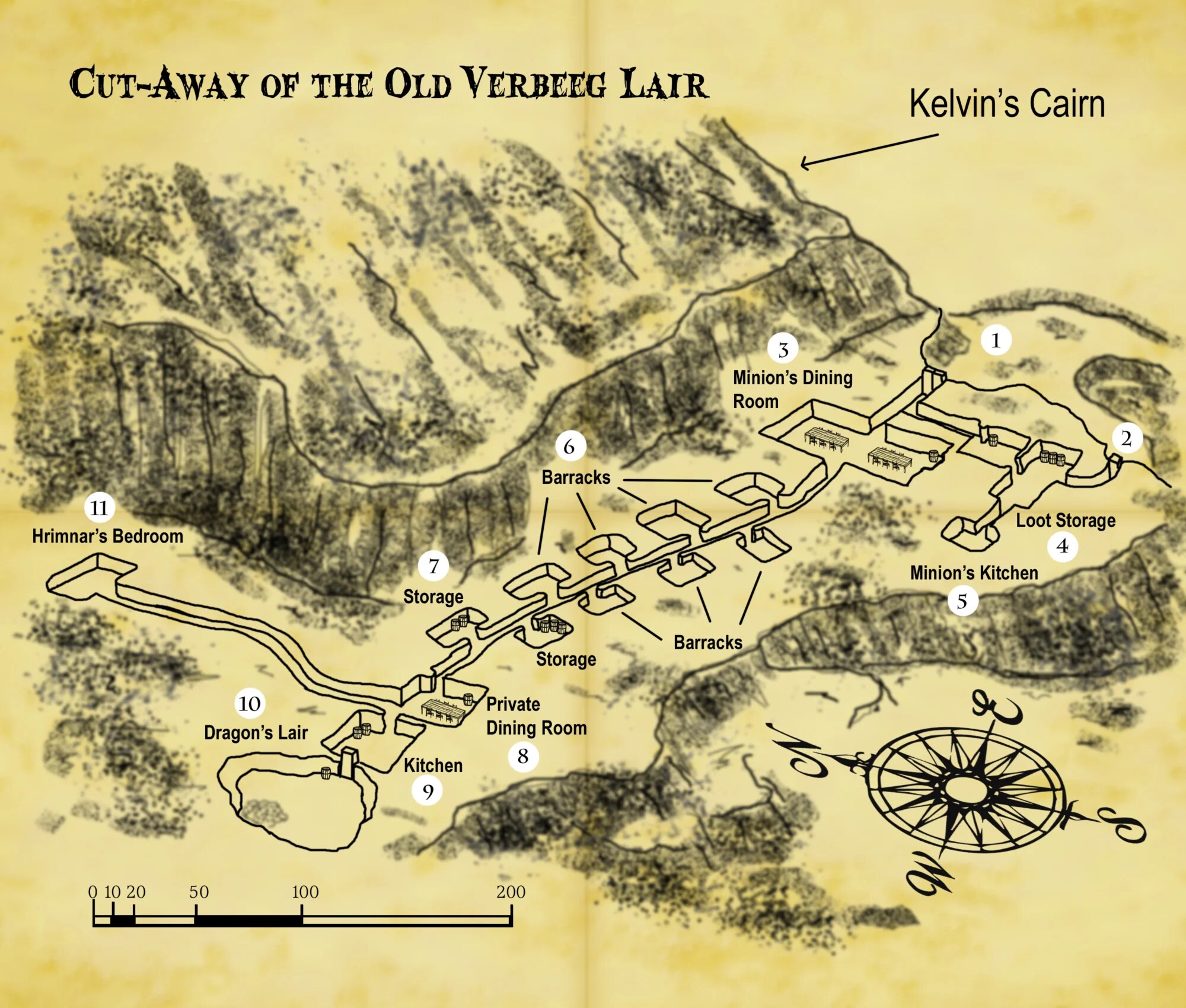Cut-away map of the Old Verbeeg Lair beneath Kelvin's Cairn