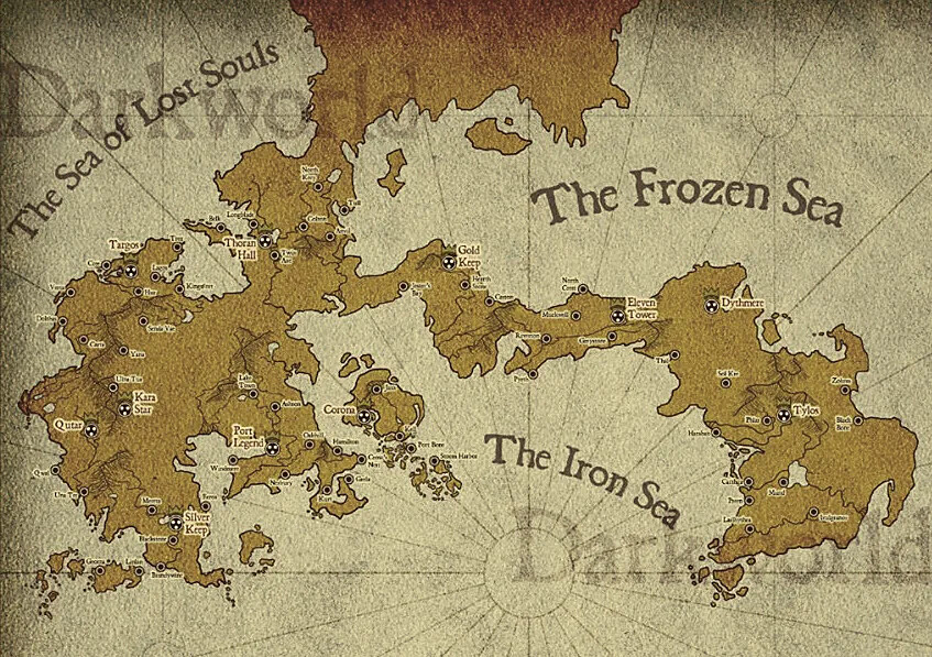 Lornea on aged parchment with the Sea of Lost Souls, Frozen Sea and Iron Sea