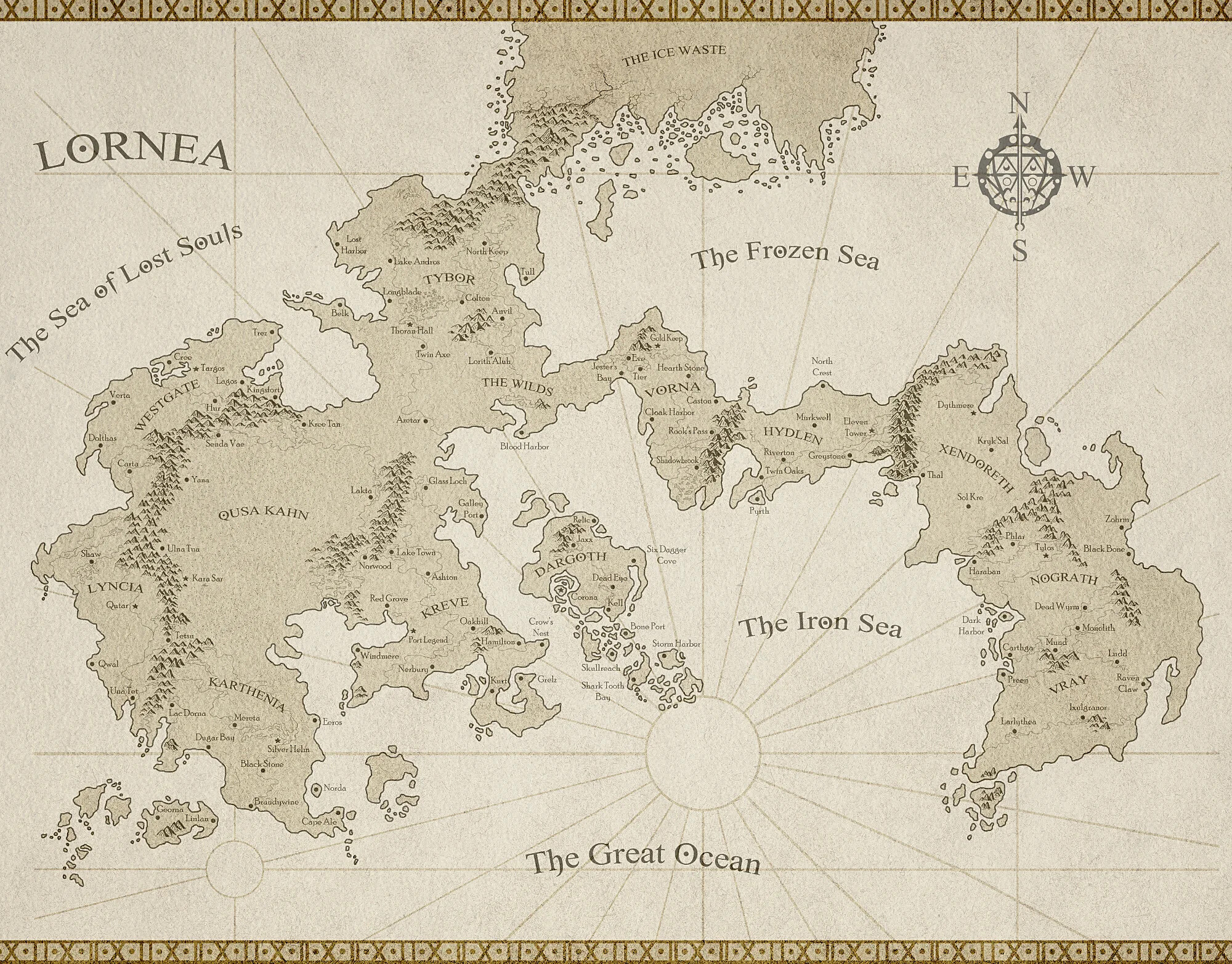 Parchment map of Lornea with compass rose