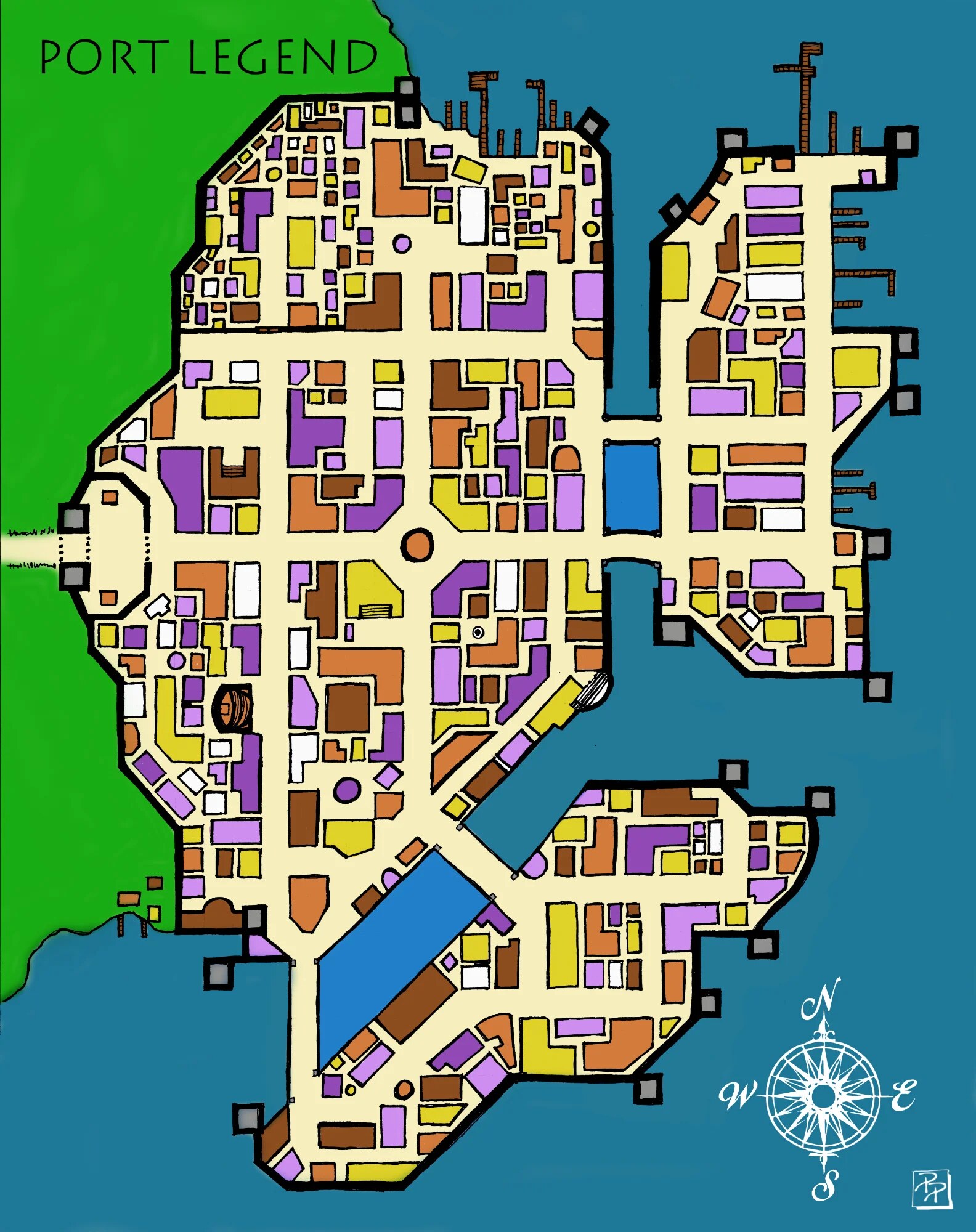 Port Legend, a colored city map of a harbor town