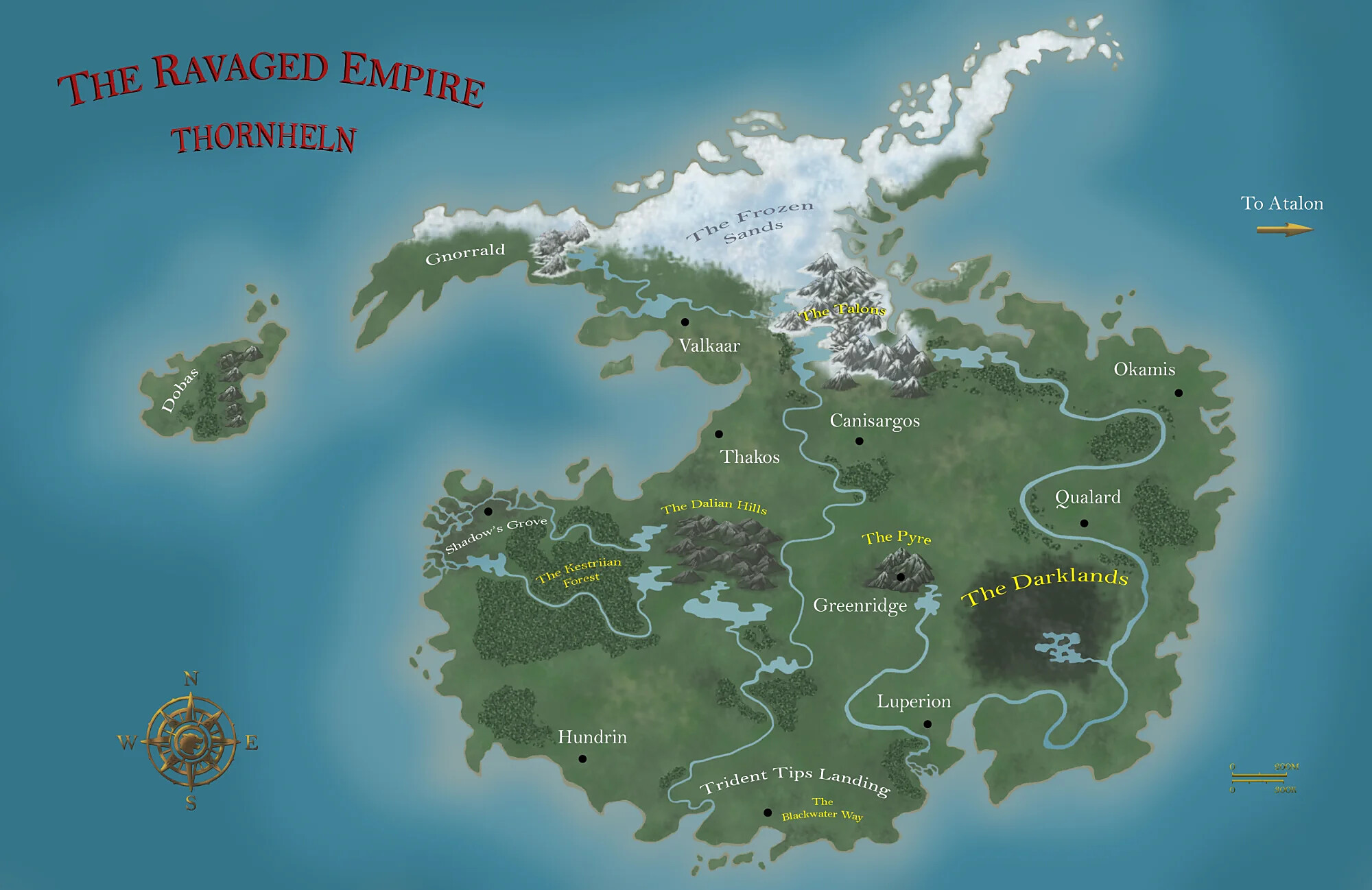 The Ravaged Empire of Thornheln, a colored regional map