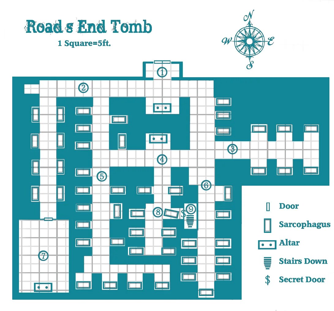 Road's End Tomb, a keyed dungeon map with legend