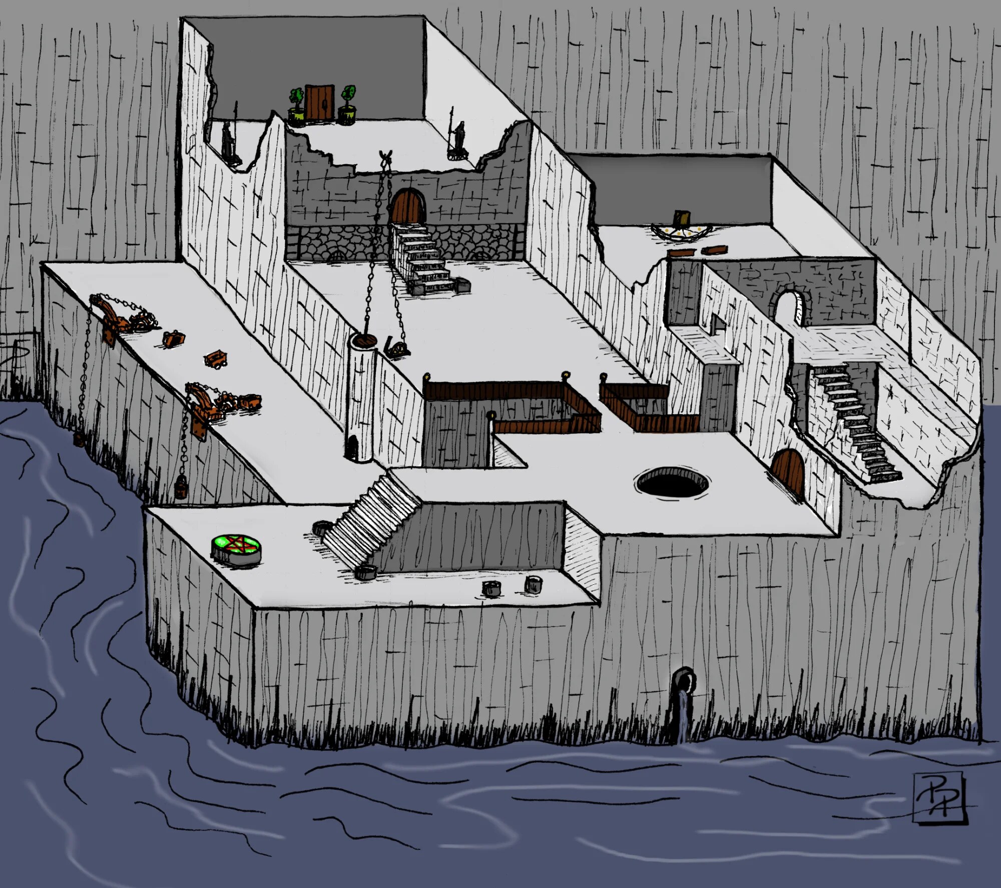 Temple of the Blood Cult, an isometric ink map of a ruined seaside temple