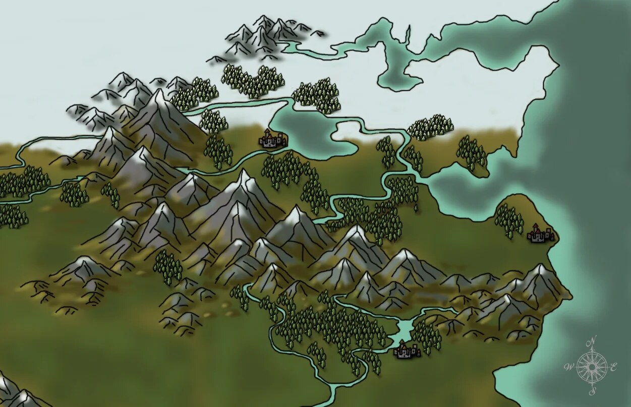 Unknown Lands, a regional map of mountains, forests, and rivers