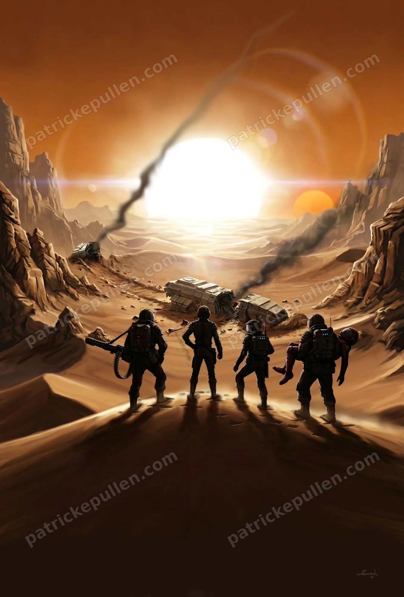 Midnight Sun: a squad of soldiers on a dune looks toward wrecked vehicles under twin suns